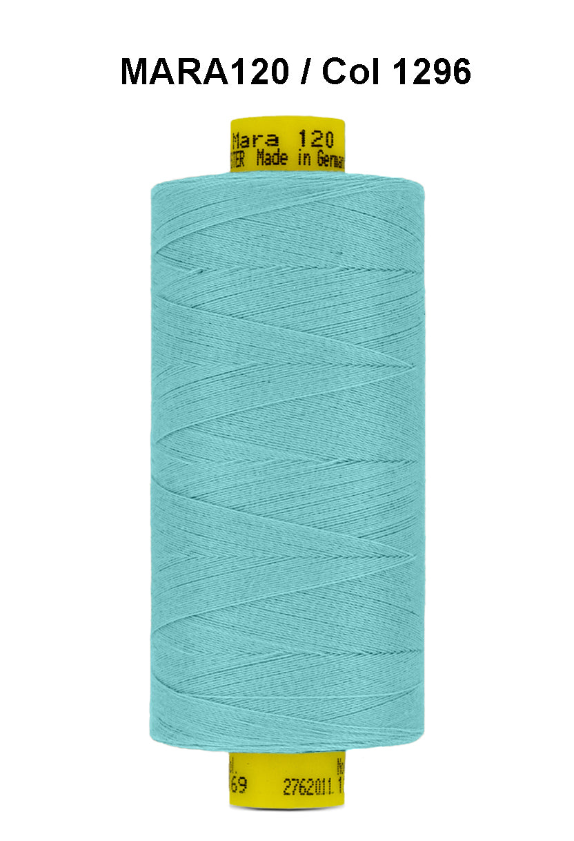 A spool of teal Mara 120 thread with "Mara 120 Made in Germany" printed on the label.
