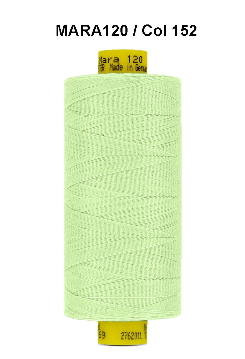 A spool of light green Gutermann Mara 120 thread.