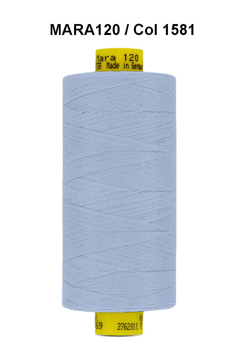 A spool of light blue Gutermann Mara 120 thread.