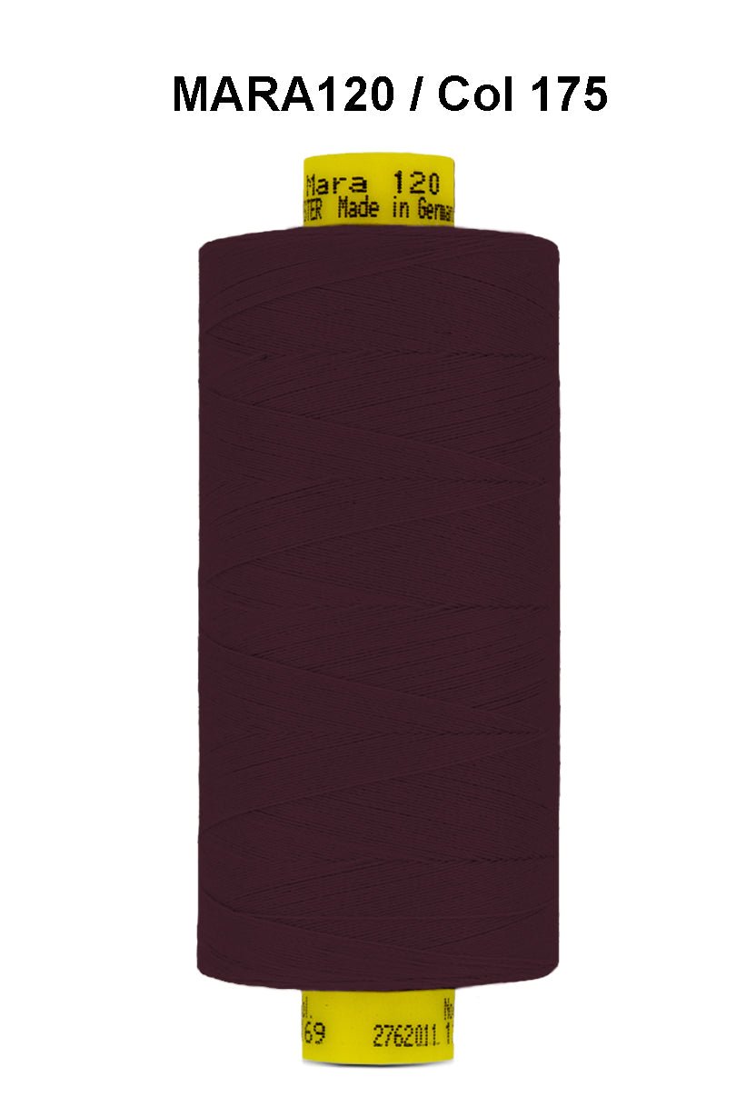 Gutermann Mara 120 thread in a dark red color.