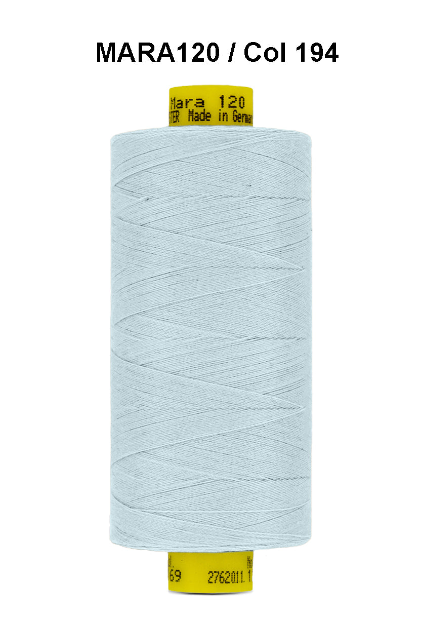 A spool of light blue Gutermann Mara 120 thread.