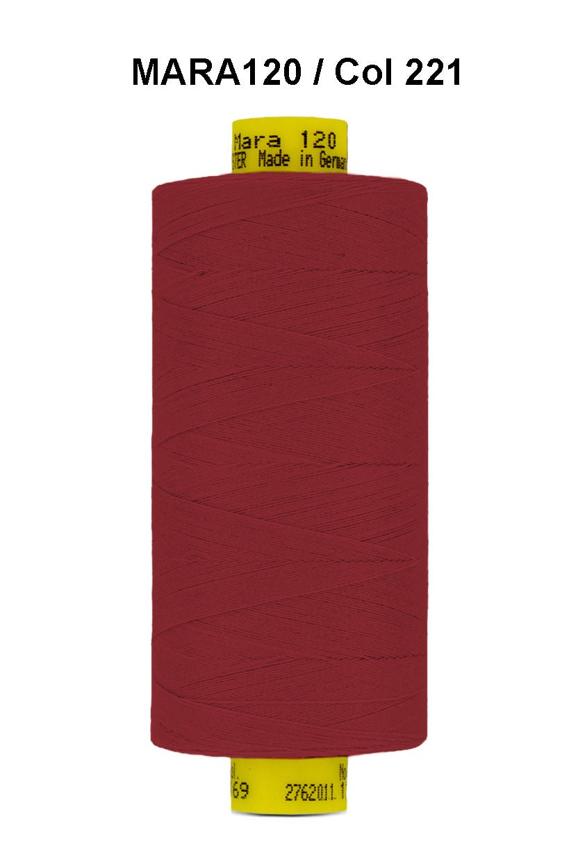 A spool of dark red Gutermann Mara 120 thread.