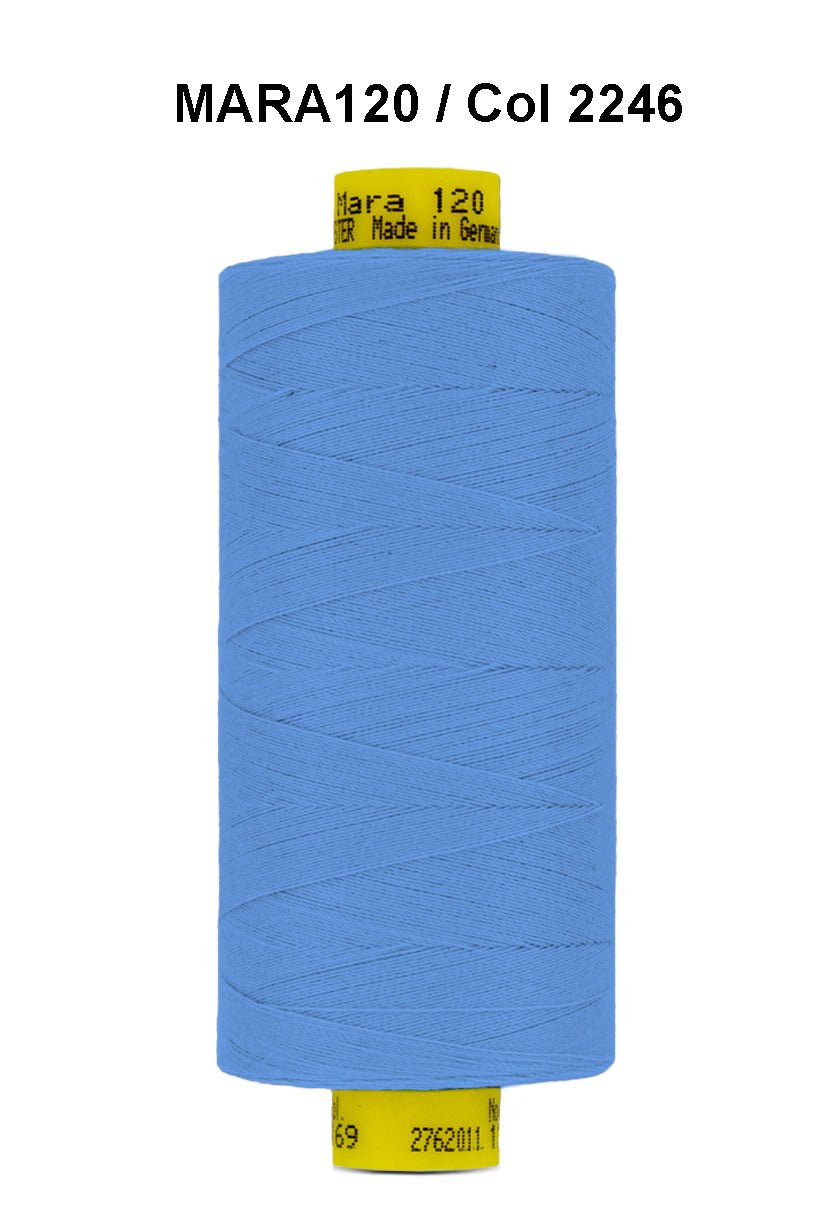 A spool of light blue Gutermann Mara 120 thread.