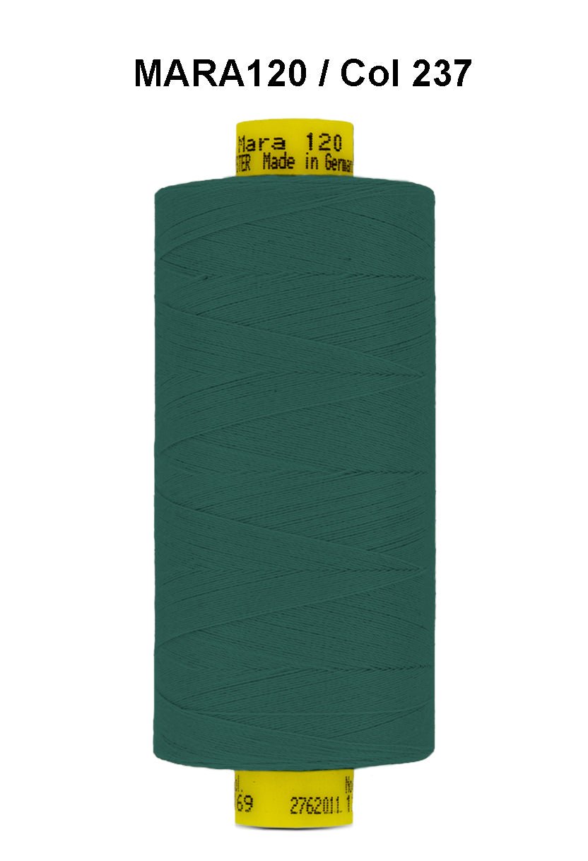 A spool of dark teal Gutermann Mara 120 polyester thread.