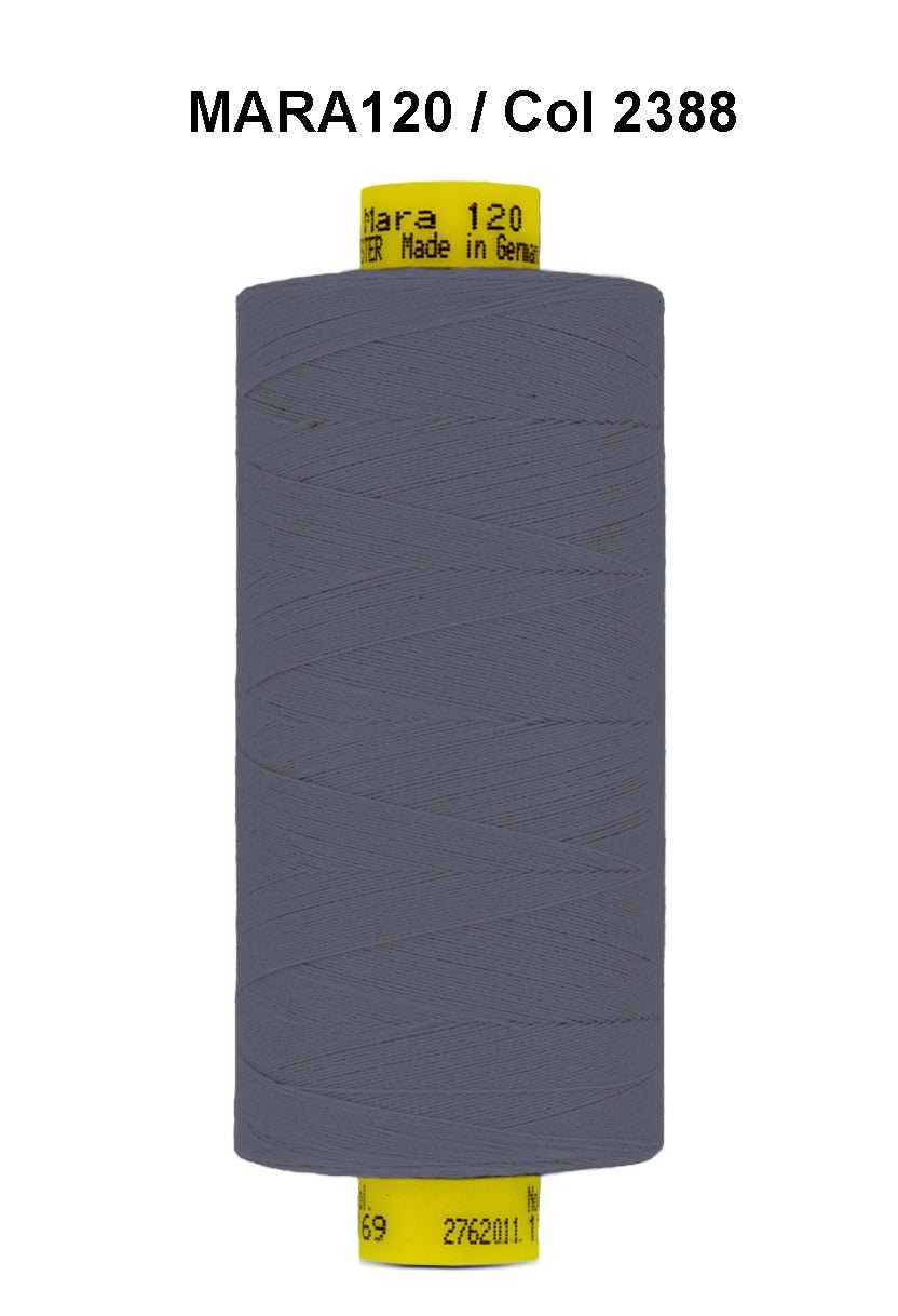 Gutermann Mara 120 polyester thread in grey.