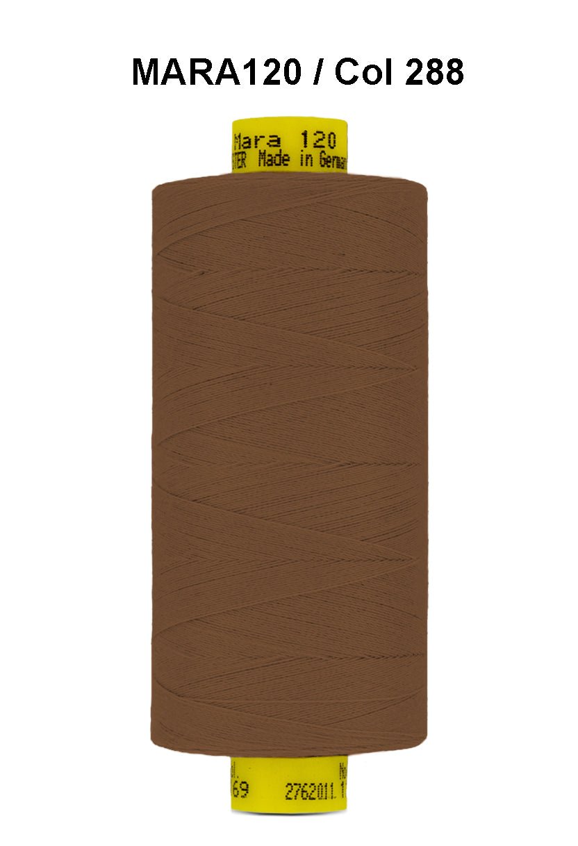 Brown Gutermann Mara 120 polyester sewing thread on a spool.