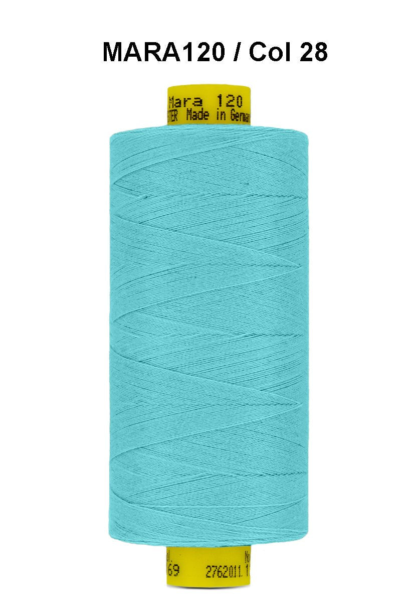 Turquoise Gutermann Mara 120 thread on a spool.