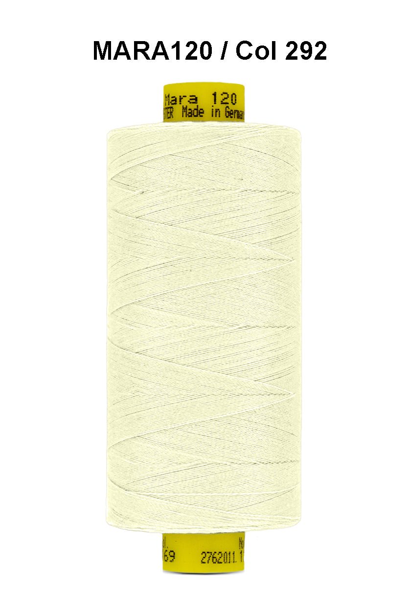 A spool of light yellow Gutermann Mara 120 thread.