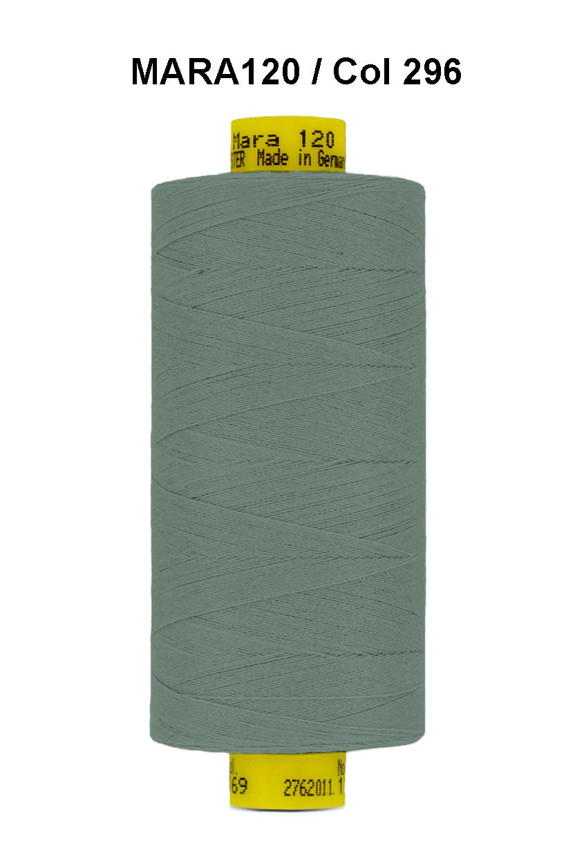 Gutermann Mara 120 thread in a muted green color on a spool.