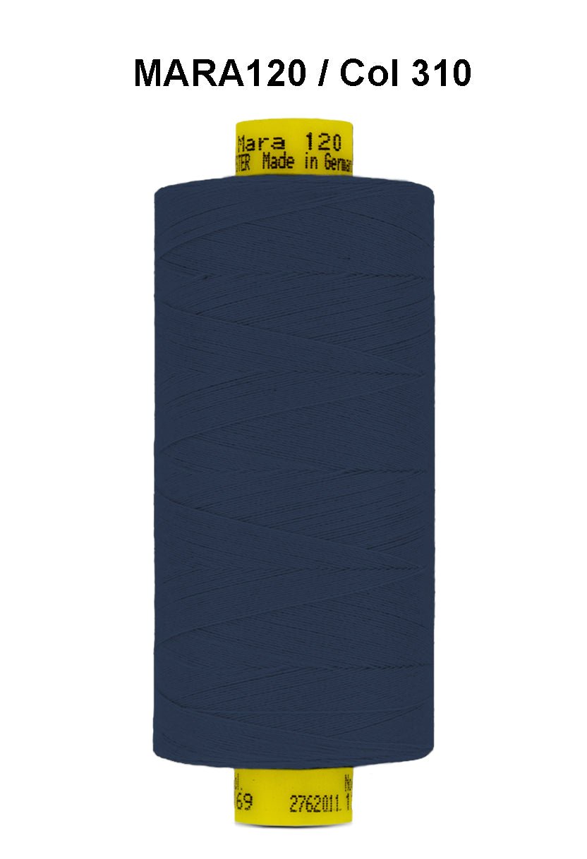 Dark navy blue Gutermann Mara 120 polyester thread on a spool.