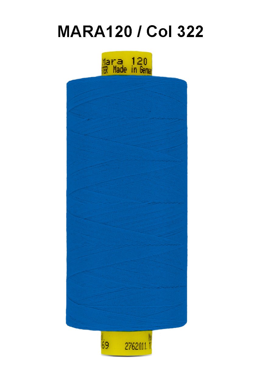 Blue Gutermann Mara 120 thread on a spool with label.