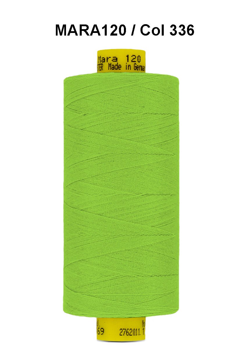 A spool of bright green Gutermann Mara 120 thread.