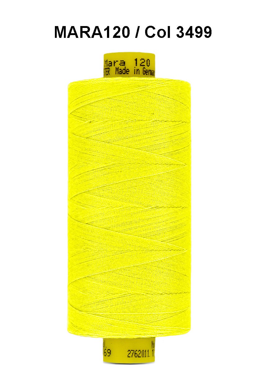 A spool of bright yellow Gutermann Mara 120 thread.