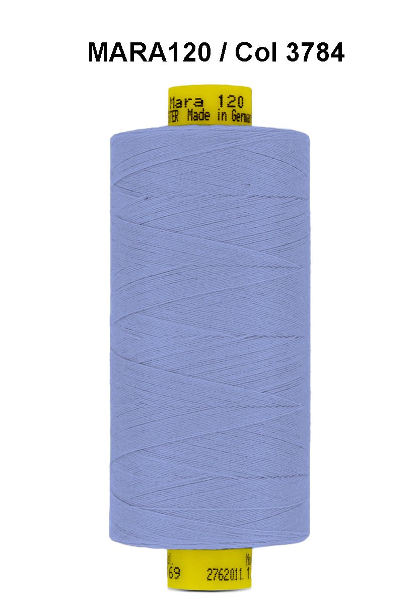 Gutermann Mara 120 thread in a light purple color on a spool.