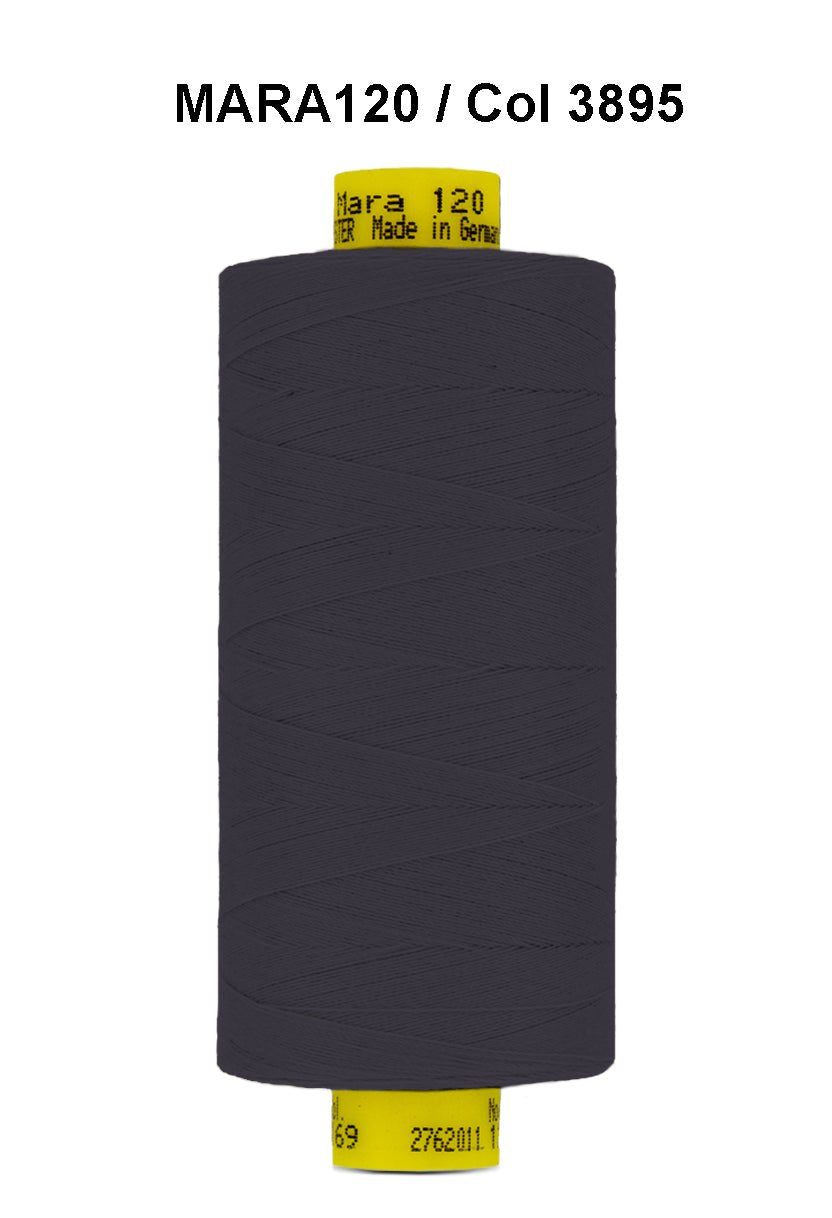 A spool of dark grey Gutermann Mara 120 polyester thread.