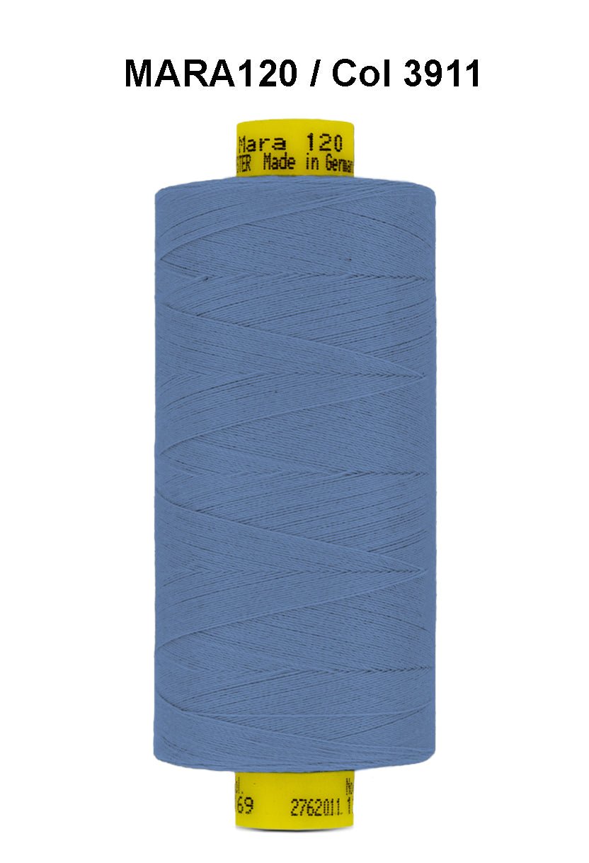 A spool of blue Gutermann Mara 120 thread with yellow labeling.
