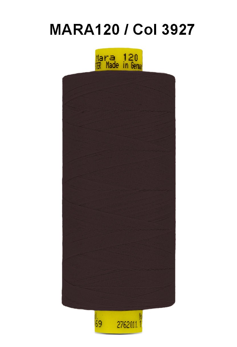 Brown Gutermann Mara 120 polyester thread on a spool.