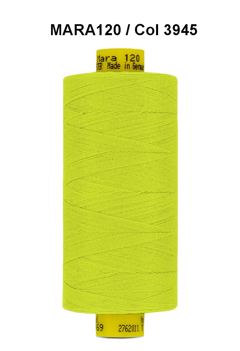 A spool of bright yellow Gutermann Mara 120 thread.