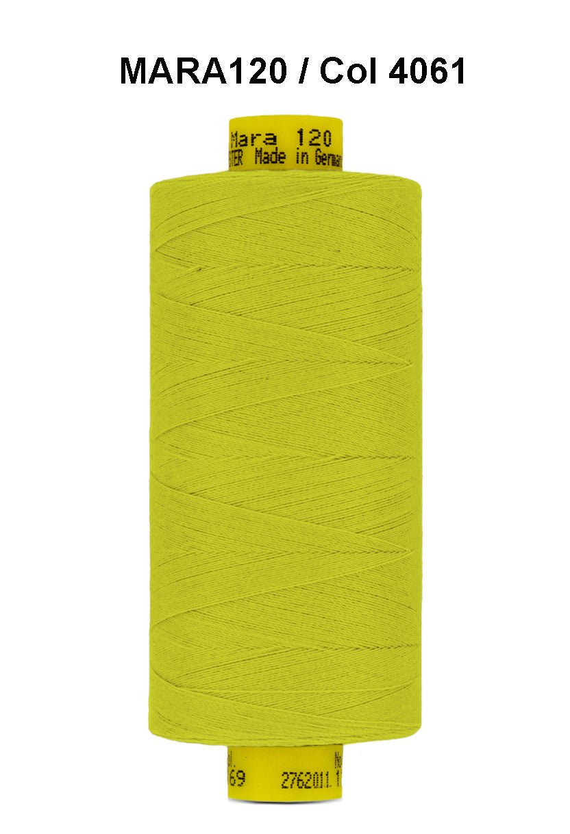 A spool of bright yellow Gutermann Mara 120 polyester thread.