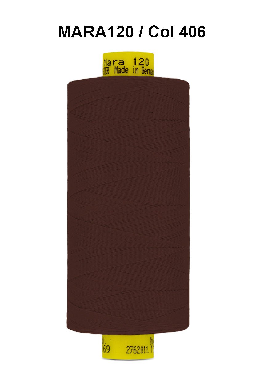 Brown Mara 120 polyester thread on a spool with label.