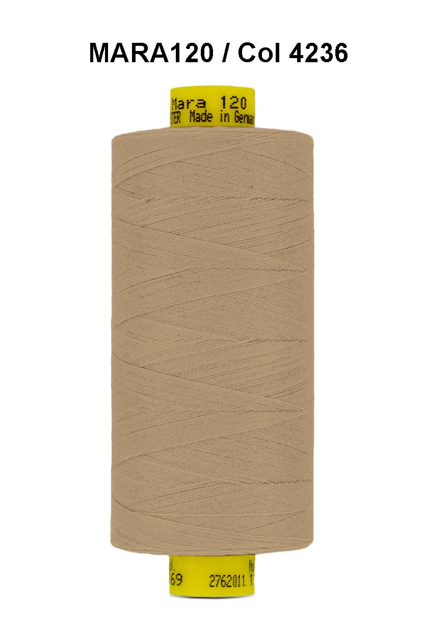 A spool of tan Gutermann Mara 120 thread with color code 4236.