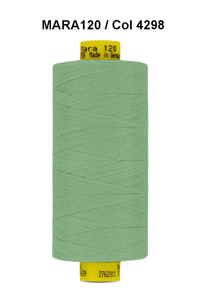 A spool of light green Gutermann Mara 120 thread.