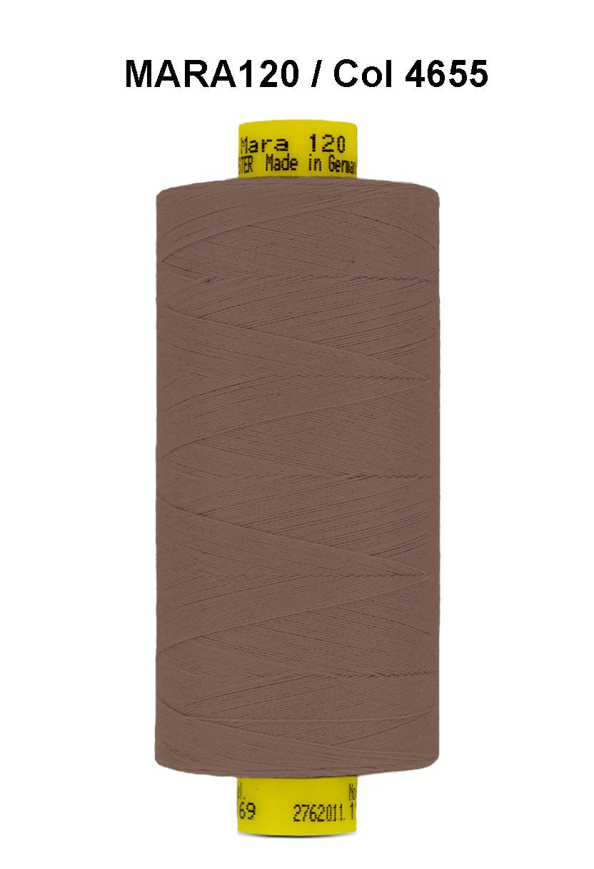 Brown Gutermann Mara 120 polyester thread on a spool.