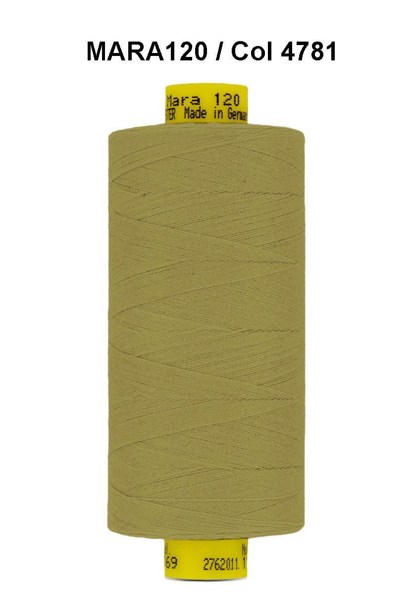 A spool of light olive green Gutermann Mara 120 thread.