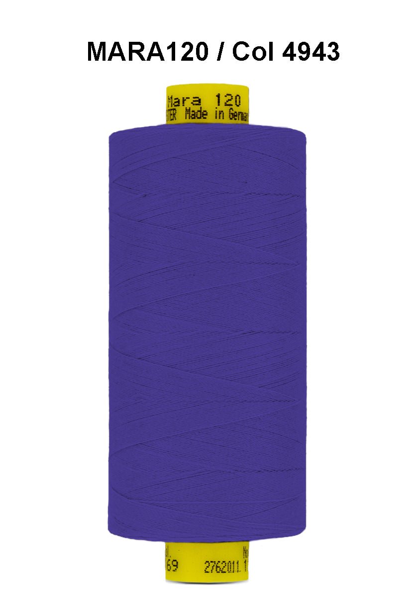 Gutermann Mara 120 thread in purple on a spool.