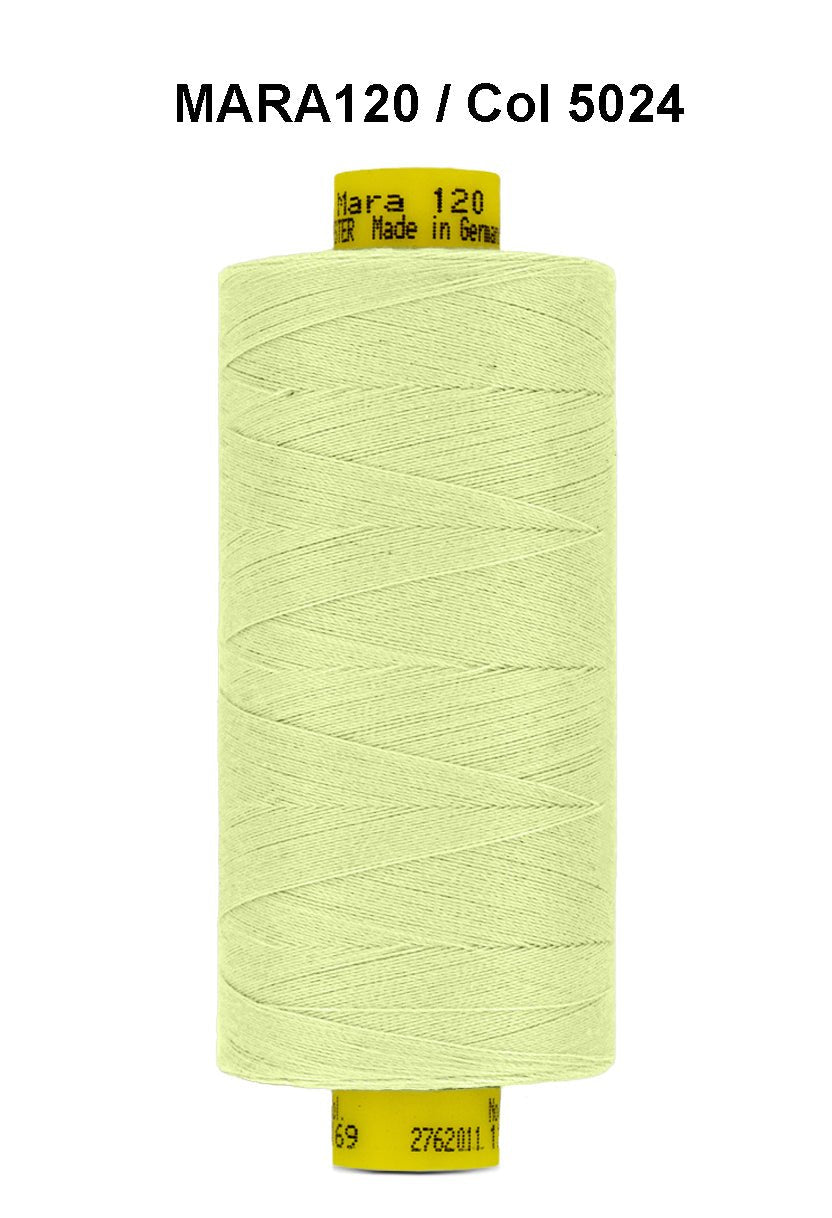 A spool of light green Gutermann Mara 120 thread.
