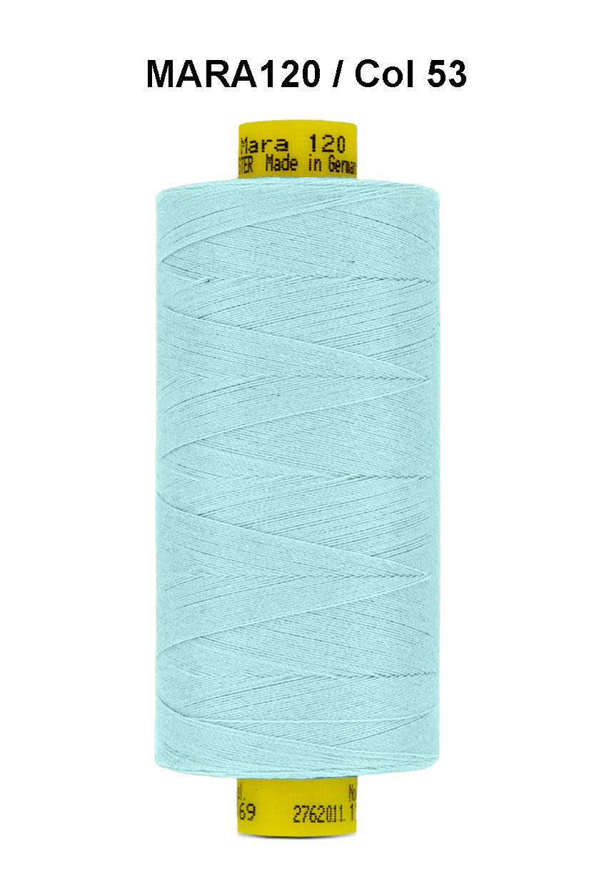A spool of light blue Gutermann Mara 120 polyester thread.