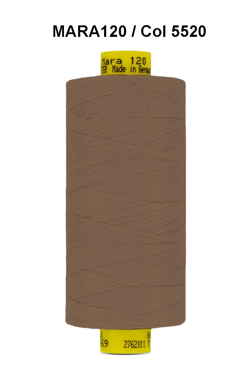 Brown Gutermann Mara 120 polyester sewing thread on a spool.