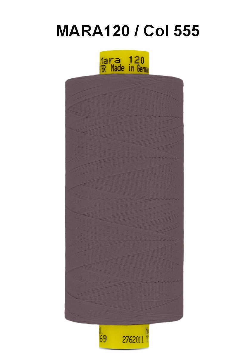 A spool of grey Gutermann Mara 120 thread with yellow label.