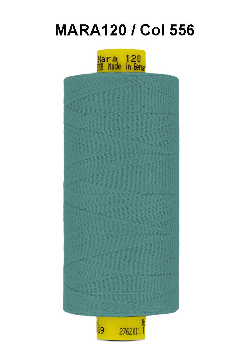 A spool of teal Mara 120 thread with "Mara 120 Made in Germany" printed on the yellow label.