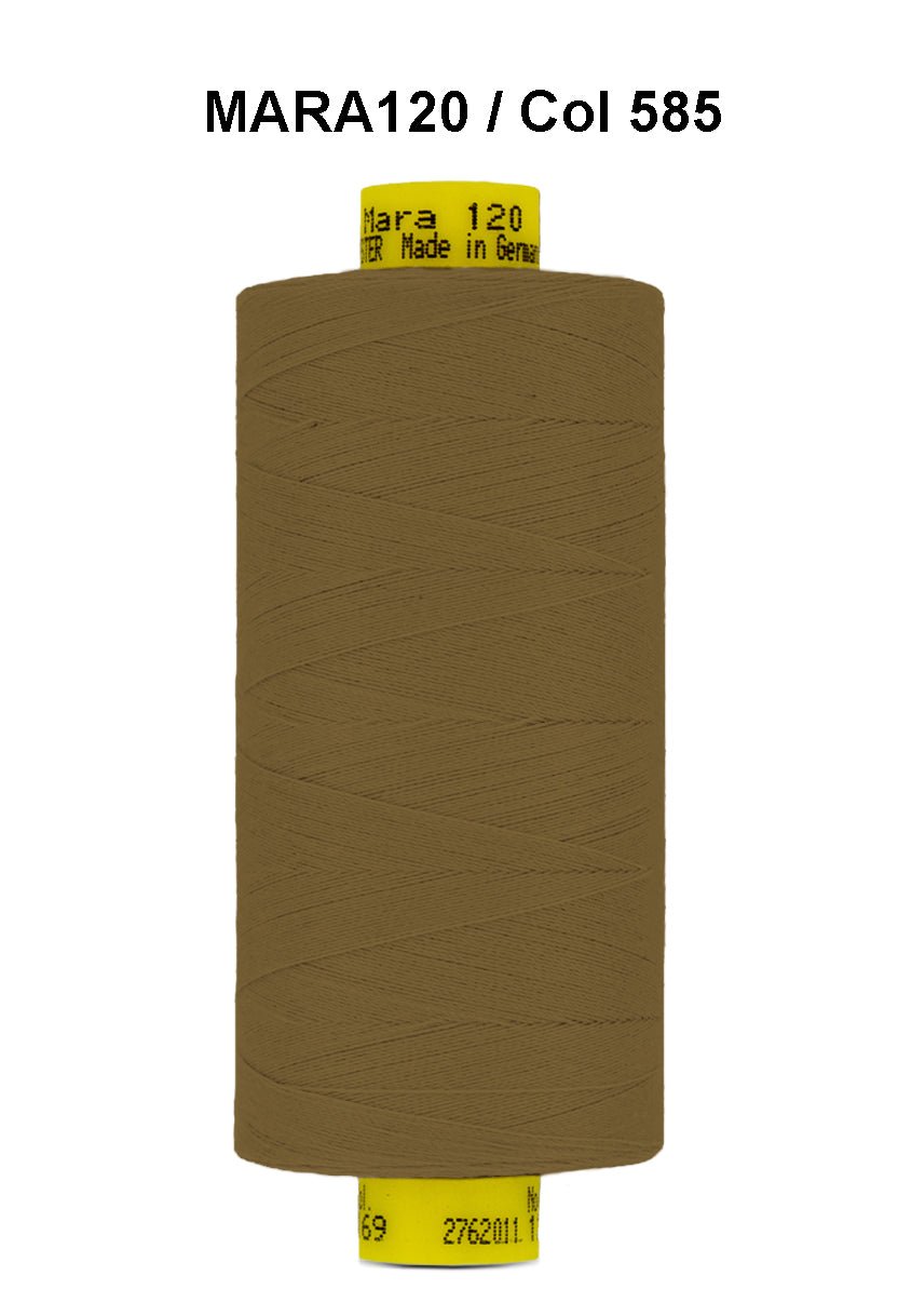 Brown Gutermann Mara 120 thread on a spool.