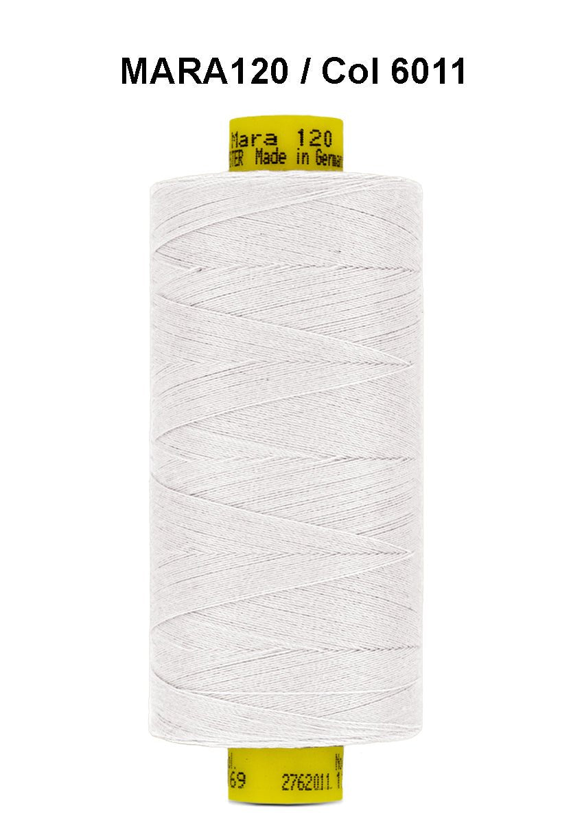 A spool of white Gutermann Mara 120 thread.