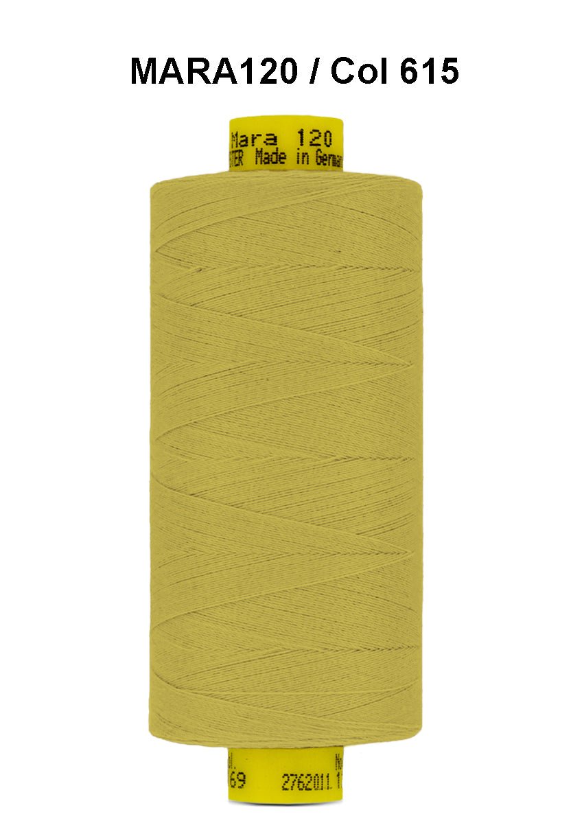 A spool of yellow Gutermann Mara 120 thread with "Mara 120 Made in Germany" printed on the top.