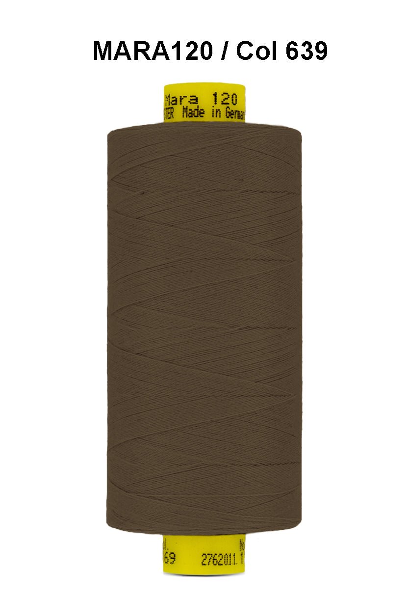Brown Gutermann Mara 120 polyester thread on a spool.