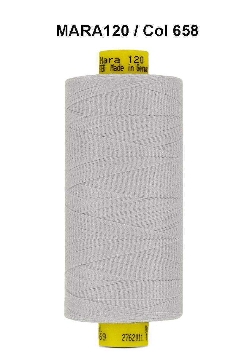 A spool of light grey Gutermann Mara 120 thread.
