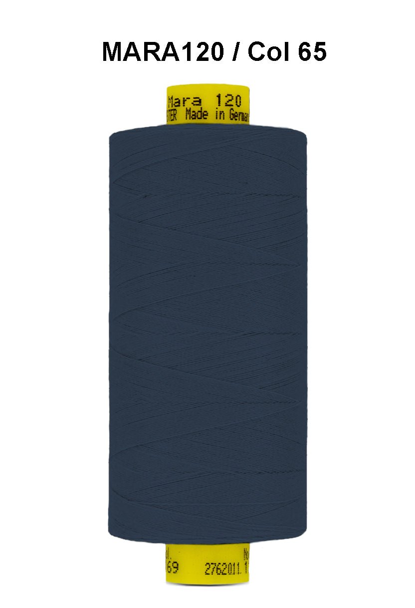 Gutermann Mara 120 thread in dark blue on a spool.