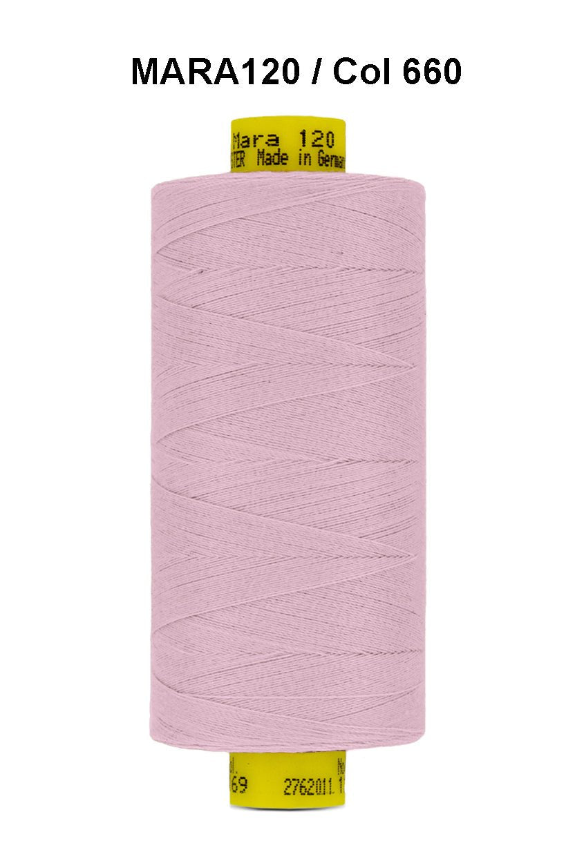 A spool of light pink Gutermann Mara 120 thread.