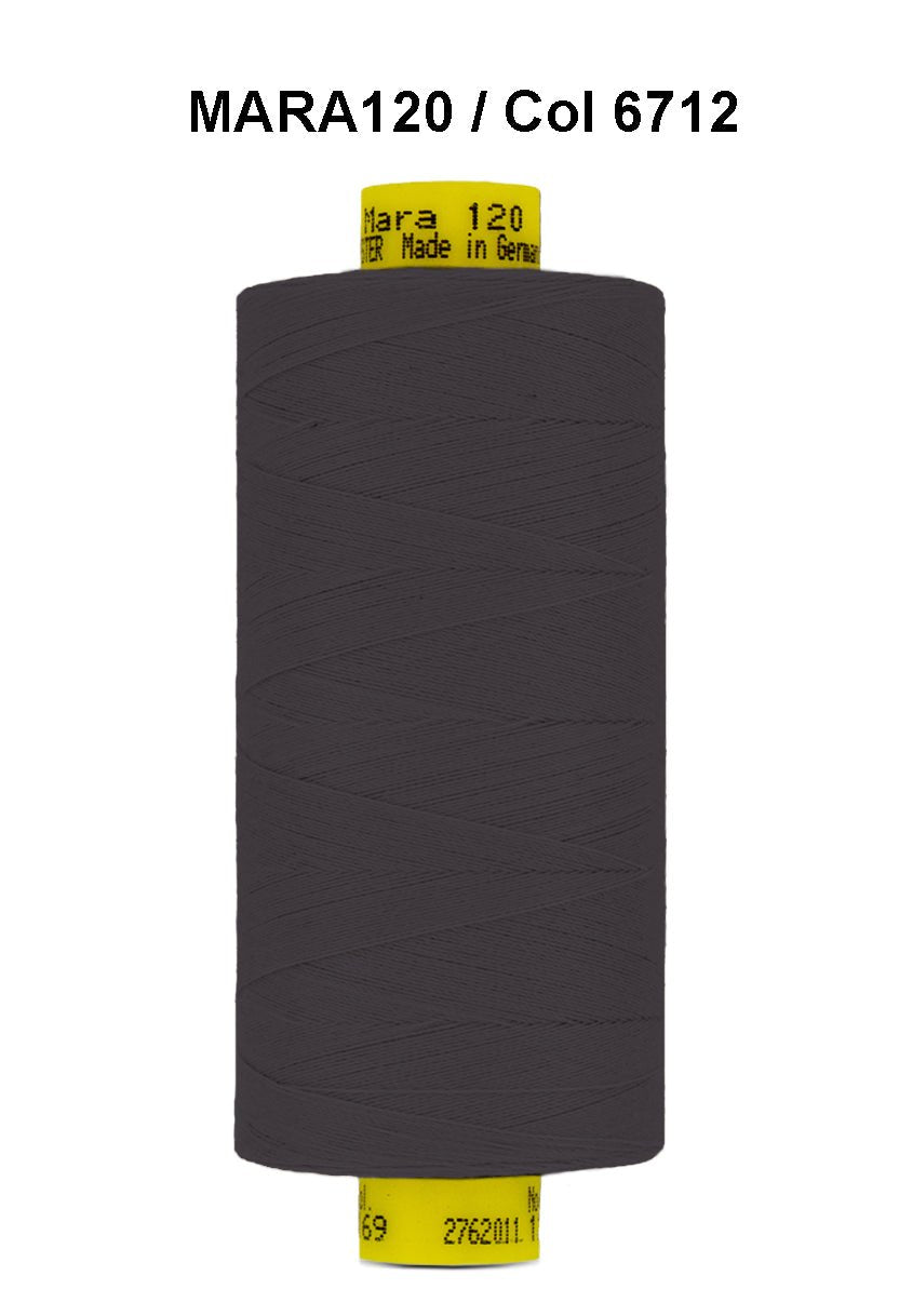 Gutermann Mara 120 dark grey polyester thread on a spool.