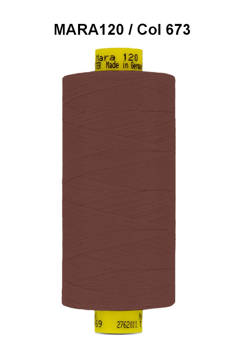 Brown spool of Gutermann Mara 120 thread.