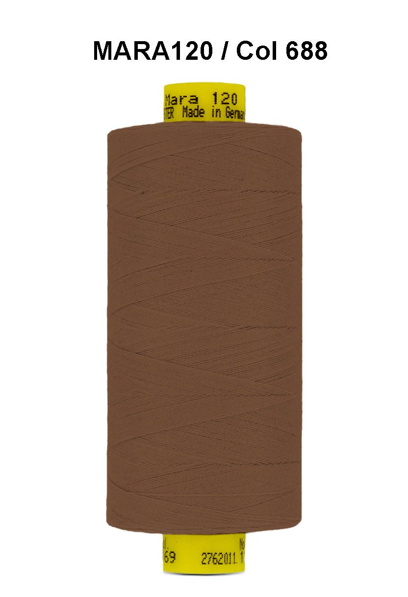 Brown spool of Gutermann Mara 120 thread with yellow label.