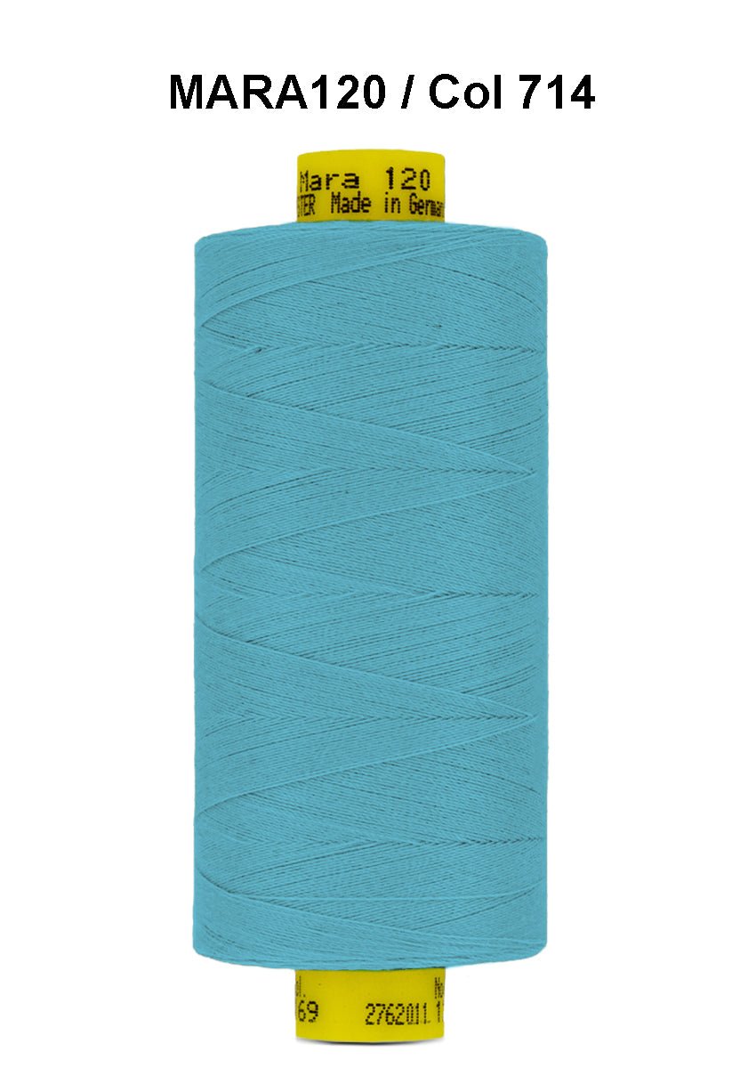 A spool of turquoise Gutermann Mara 120 thread.