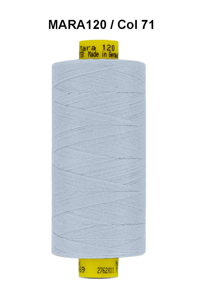 A spool of light blue Gutermann Mara 120 thread.