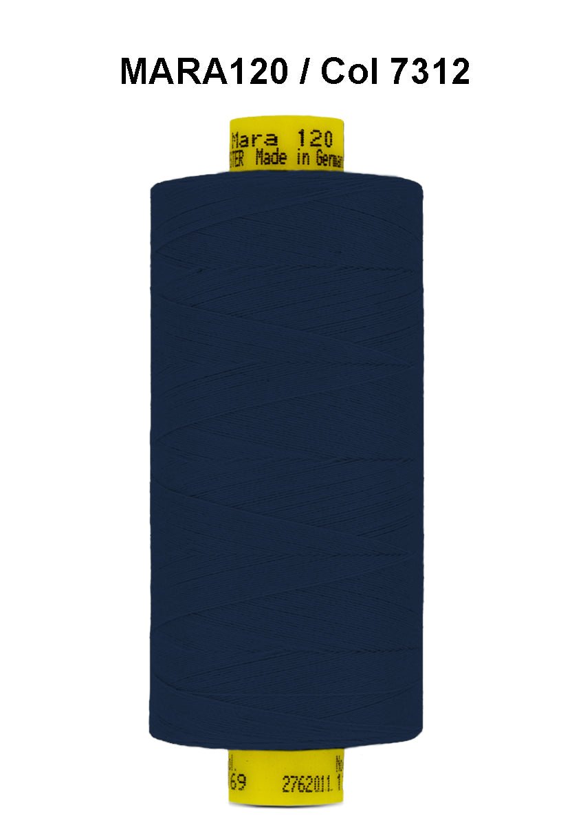 Gutermann Mara 120 navy blue polyester thread on a spool.