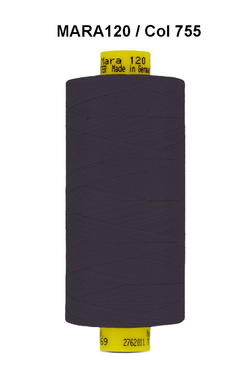 A spool of dark grey Gutermann Mara 120 thread.