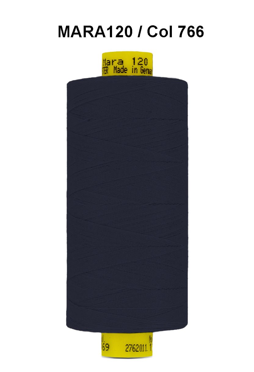 Gutermann Mara 120 dark navy polyester thread on a spool.