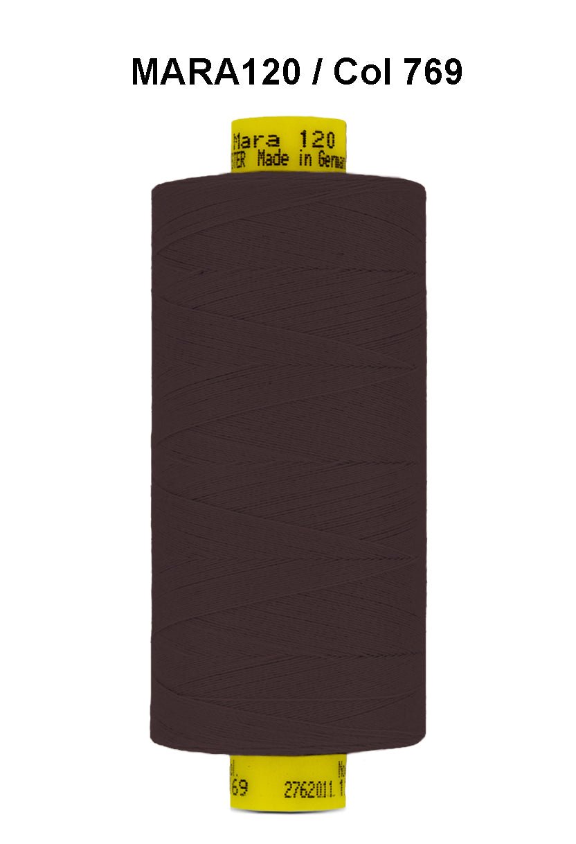 Brown Gutermann Mara 120 polyester thread on a spool.